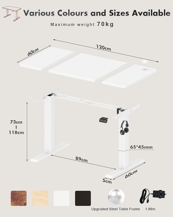 Devoko Electric Standing Desk 120x60cm Sit Stand Table Height Adjustable with Backpack Hook and Memory Smart Pannel, Home Office, White - Image 5