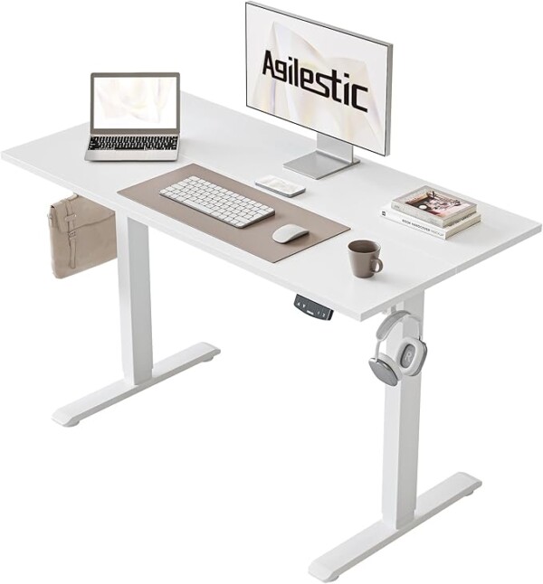 Agilestic Electric Standing Desk, 100 x 60 cm Height Adjustable Sit Stand Desk with Splice Board and Memory Smart Pannel, Home Office Desk, White