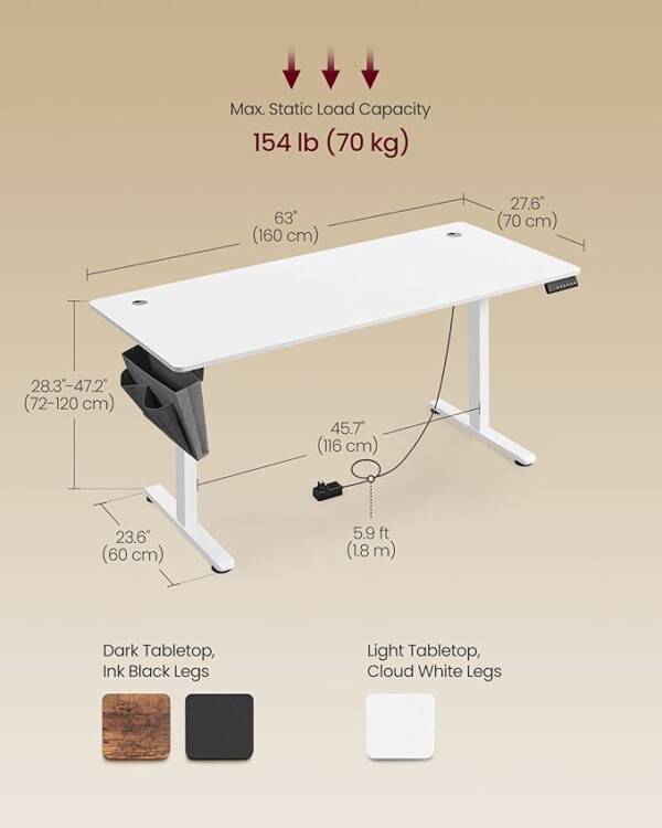 VASAGLE Electric Standing Desk, Height Adjustable Desk, 70 x 160 x (72-120) cm, 4 Memory Heights, Storage Pocket, for Home Office, Study, Cloud White - Image 3