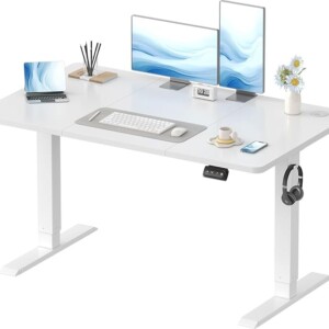 Devoko Electric Standing Desk 120x60cm Sit Stand Table Height Adjustable with Backpack Hook and Memory Smart Pannel, Home Office, White