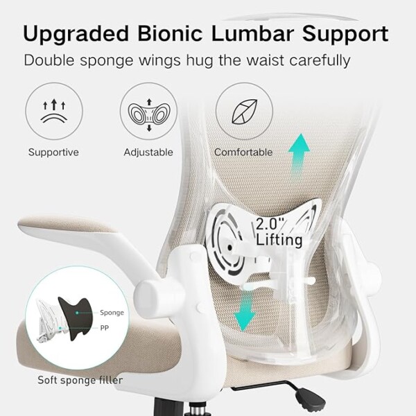 Hbada Ergonomic Desk Chair, Computer Office Chair with Flip-up Armrest&Lumbar Support, Adjustable Height, Grey - Image 5