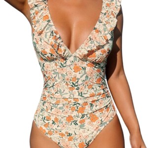 CUPSHE Women One Piece Swimsuit Ruffled Lace Up Beach Swimwear Tummy Control Swimming Costume Bathing Sui