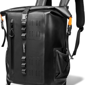 Spigen Waterproof Backpack IPX6 35L Roll Top Travel Rucksack Fits up to 16 Inch Laptop, Multi-Compartment Bag Ventilated Back, Chest Strap Hiking, Camping, Swimming, Canoeing, Fishing