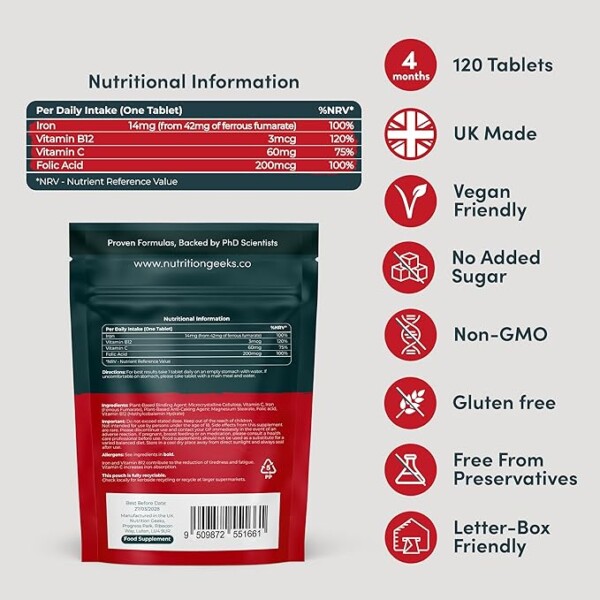 Iron Tablets High Strength - Energy Tablets with Vitamin C, B12 & Folic Acid - 120 Vegan Iron Supplements for Women and Men - 14mg - Enhanced Energy Support & Increased Absorption - UK Made - Image 7